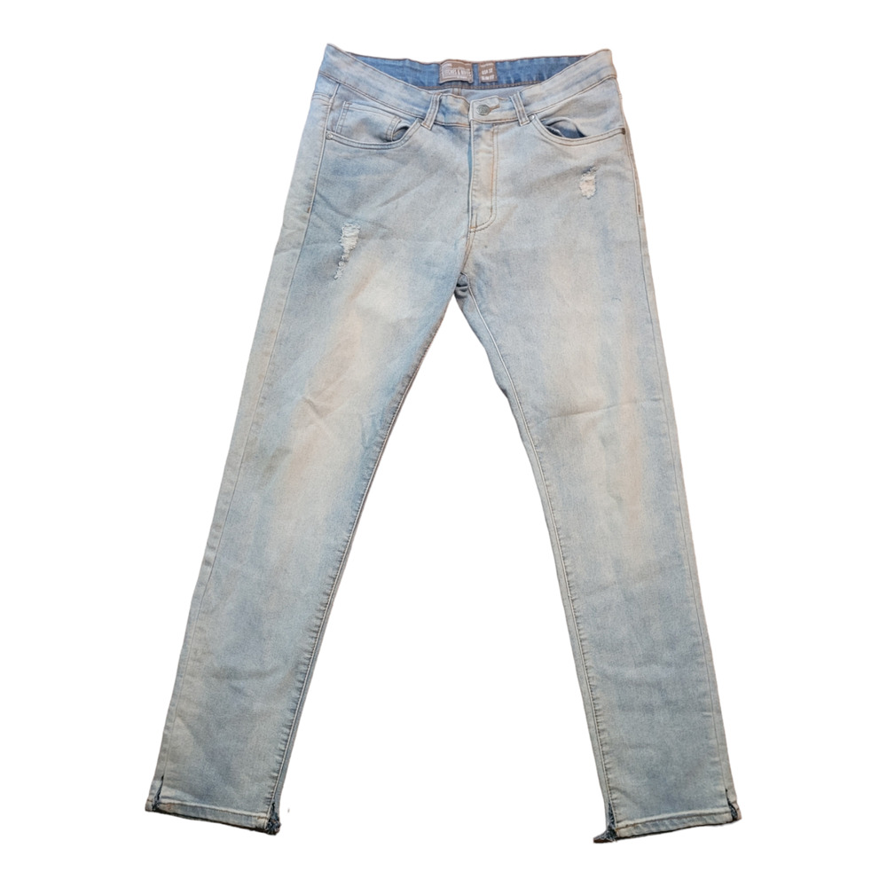 Stitches Rivets Slim Fit Mens Straight Stretch Jeans Light Wash Distressed 32x32